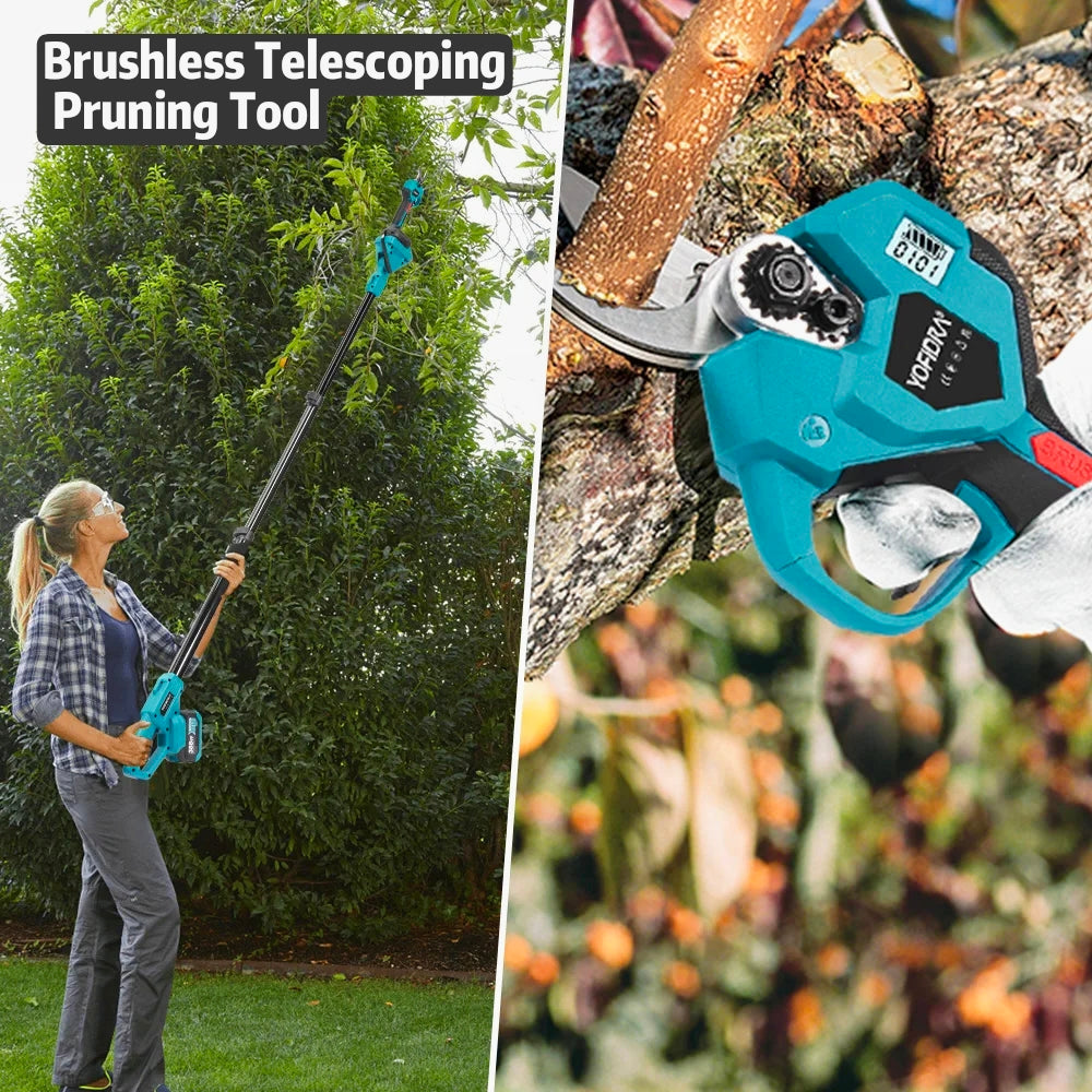 Cordless Telescoping Pruning Tool Set – 8" Mini Chainsaw & Electric Pruning Shears.