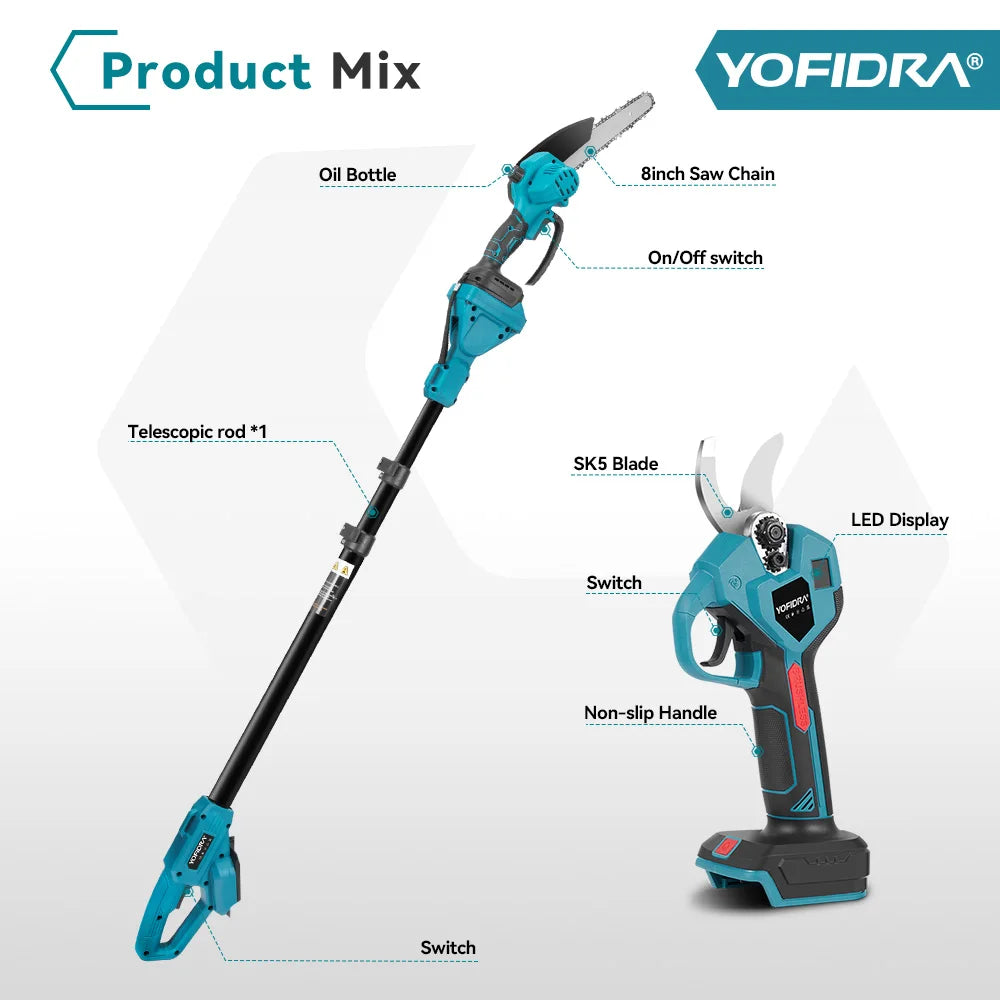 Cordless Telescoping Pruning Tool Set – 8" Mini Chainsaw & Electric Pruning Shears.
