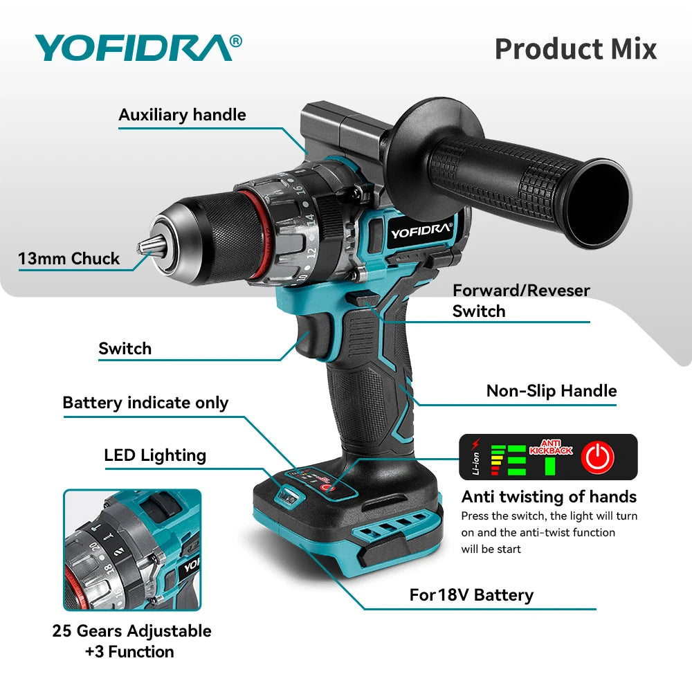 18V Brushless Cordless Impact Drill – High Torque, 2-Speed.