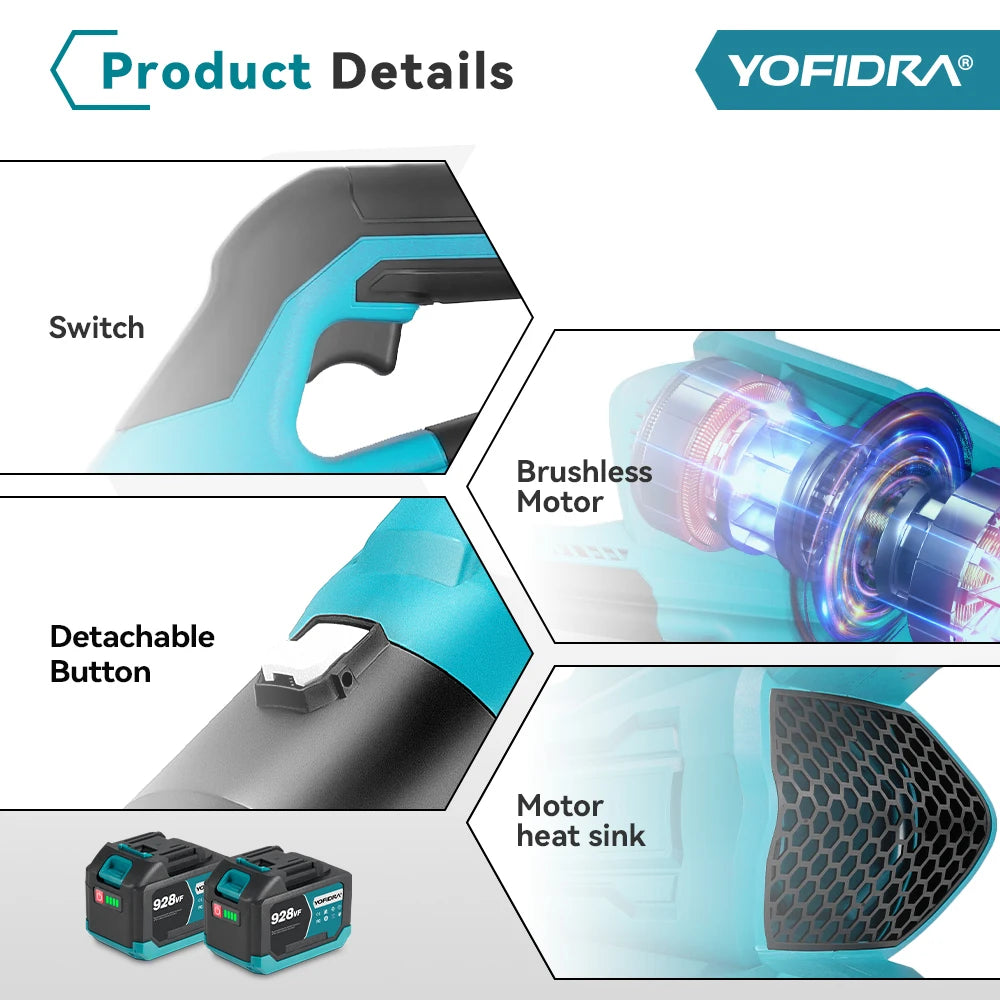 YOFIDRA 2000W Cordless Electric Leaf & Dust Blower — 21,500 RPM, High Air Volume
