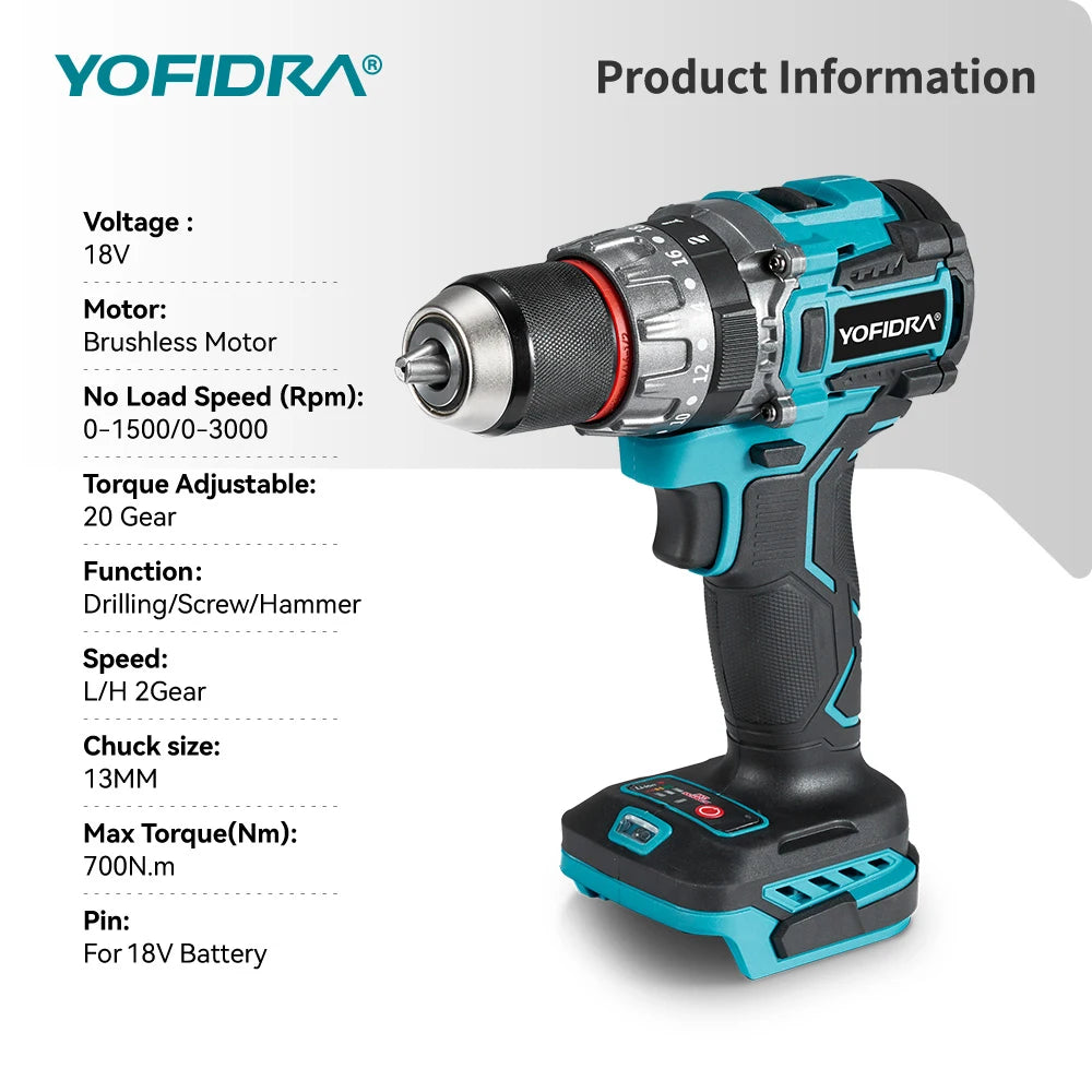 18V Brushless Cordless Impact Drill – High Torque, 2-Speed.