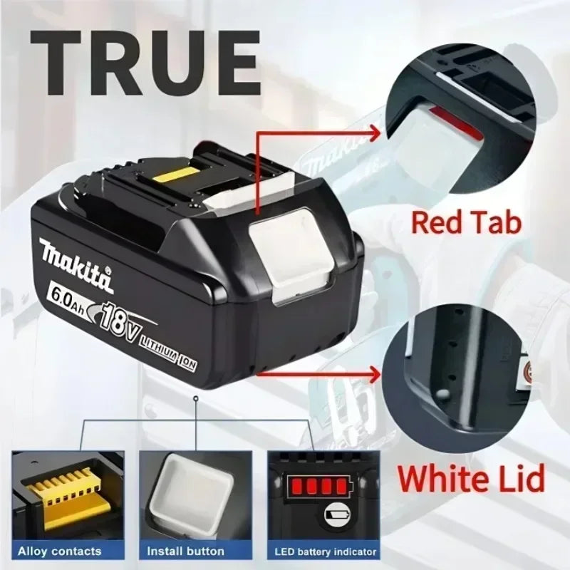 18V 6.0Ah Lithium-Ion Battery – BL1860 Compatible, for Makita-Style 18V Tools  (High-Capacity Replacement Battery with LED Indicator)